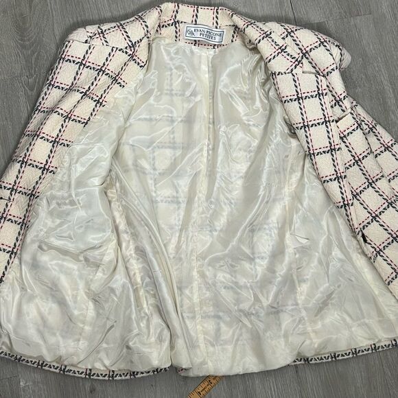 Vtg 90s Plaid Windowpane Blazer Academia Classic Ivory Navy blue Red 12 L - Picture 15 of 15